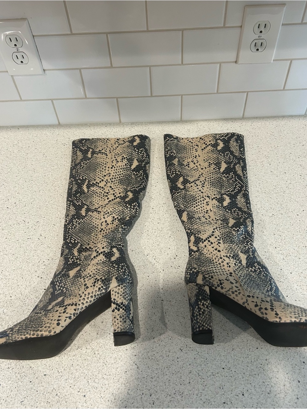 Women's Faux Leather Snake-Print Mid-Calf High Heel Boots - Beige/Black, Size 8